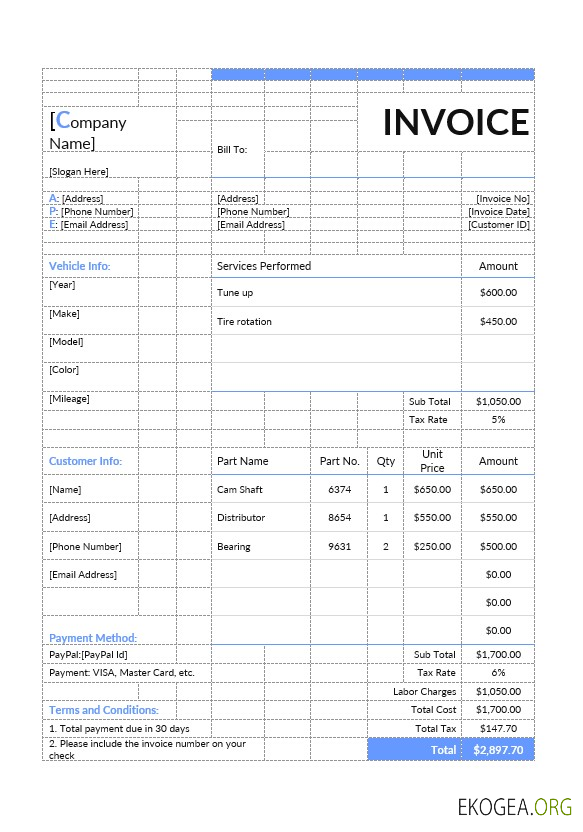 Modèle de facture d'estimation de réparation automobile